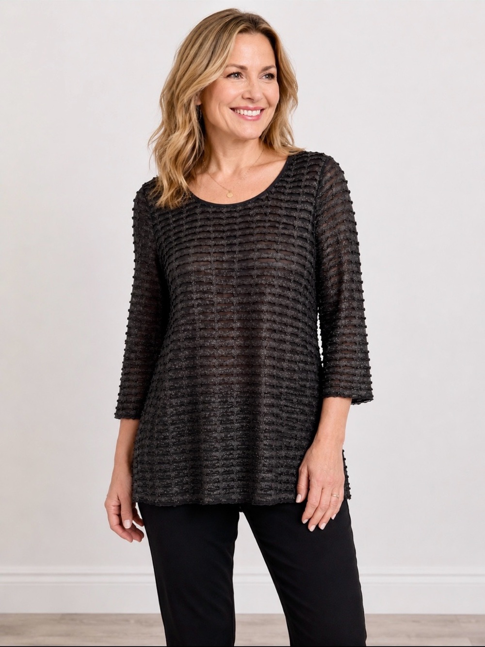 NY Collection Woman Metallic Black Shimmer Ruffle Crinkle Top 1X
